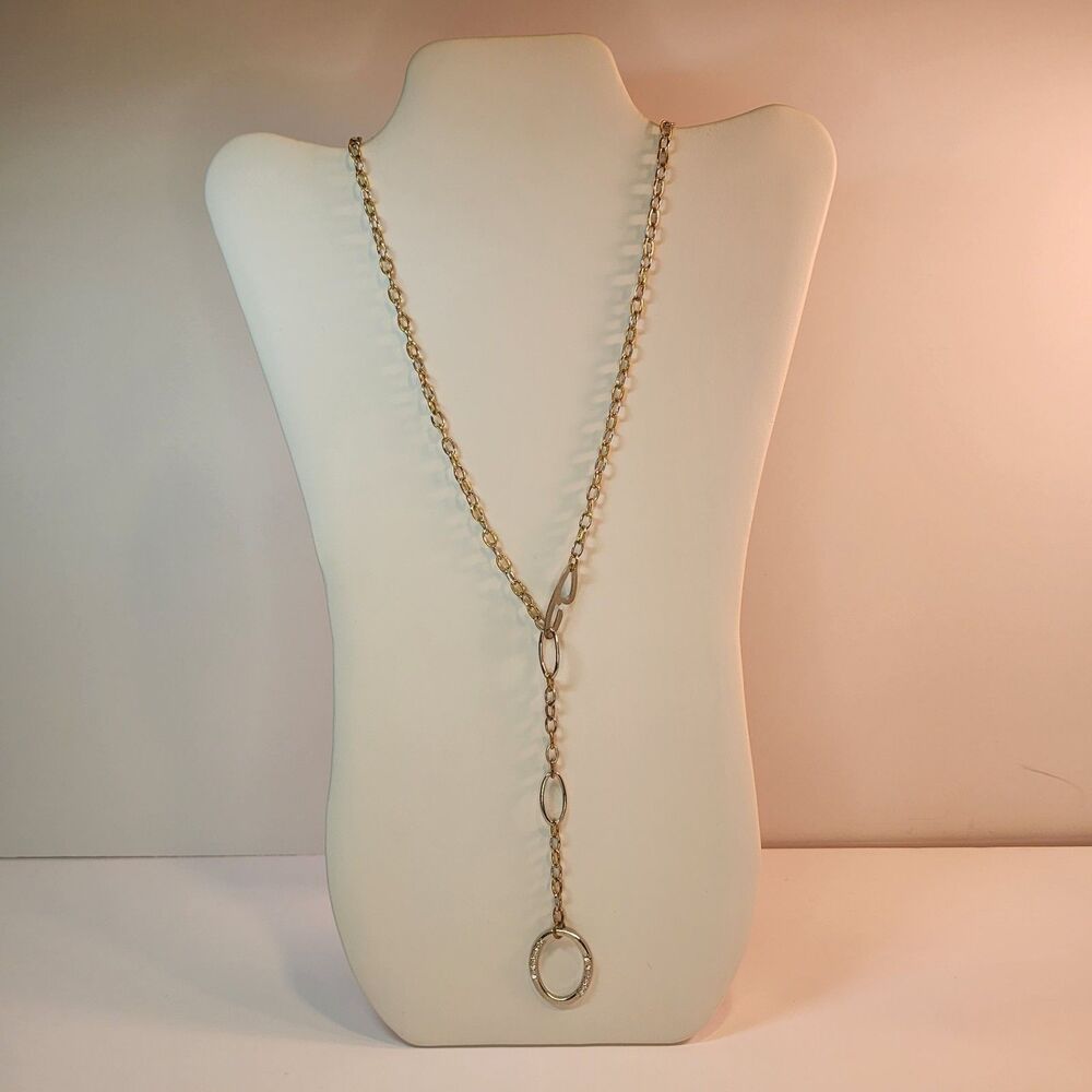 Two Tone Silver & Gold Front J Metal Y-Shape Lariat Drop Necklace Pavé